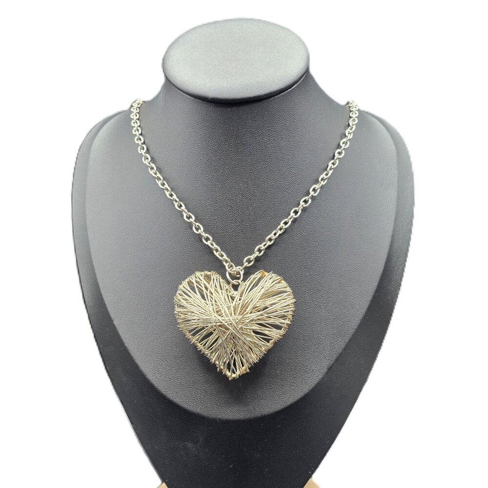 Artist Made Large Silver Tone Wire Wrapped Puffy Heart Necklace 31" Long